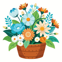 Fresh attractive cute flowers in wicker basket cartoon vector image stock clipart illustration