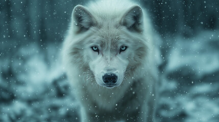 Obraz premium A white arctic wolf running under the Northern Lights, soft snow flying, moving fur details, magical atmosphere