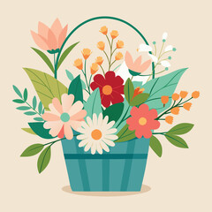 Fresh attractive cute flowers in wicker basket cartoon vector image stock clipart illustration