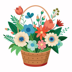Fresh attractive cute flowers in wicker basket cartoon vector image stock clipart illustration