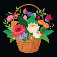Fresh attractive cute flowers in wicker basket cartoon vector image stock clipart illustration