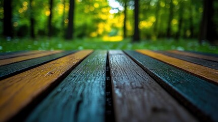 Fototapeta premium Close-up of colorful wooden table in sunlit forest