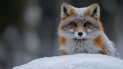 A red fox exploring a snowy winter landscape with ice-covered trees, snowflake details