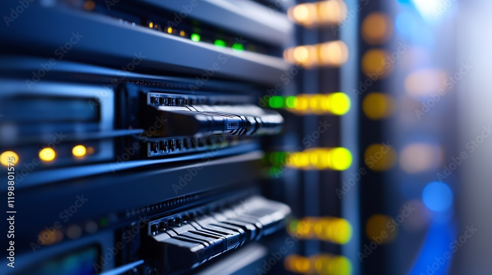 Fototapete close-up of data center server racks with illuminated led indicators blurred background : generative