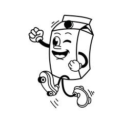 Vector cartoon illustration of milk packaging mascot with happy expression