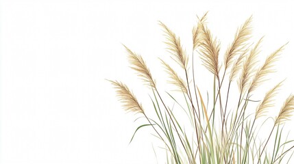 Fototapeta premium Golden Pampas Grass on White: Botanical Illustration of Ornamental Grass Plumes, Nature Art, Floral Design for Autumn Vibes