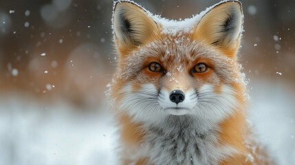 Obraz premium A red fox exploring a snowy winter landscape with ice-covered trees, snowflake details