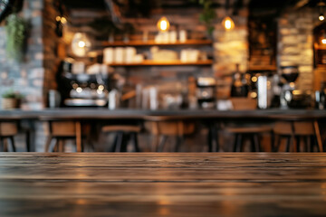 Empty wooden table in a cozy cafe interior with a blurred background of a coffee bar, shelves, and warm lighting. Rustic setting for product display or design