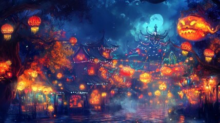 Obraz premium Enchanted Halloween Town at Night with Glowing Lanterns