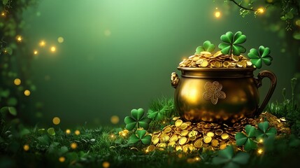 Golden pot of coins with shamrocks in enchanted forest. Saint Patrick's Day, St Paddy's Day, St Patty's Day - Irish National Holiday and Cultural Celebration