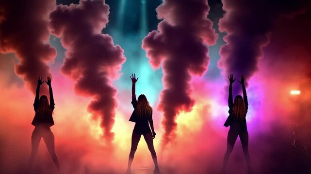 Energetic concert performance with dramatic smoke and vibrant lighting