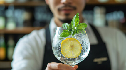 A crisp Gin and Tonic in a balloon glass with a fresh lemon slice, tonic bubbles, and a sprig of basil.