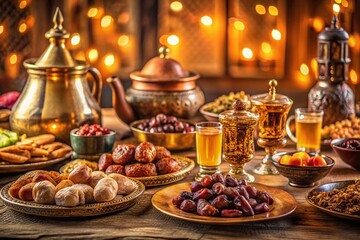Naklejka premium Vintage Ramadan Iftar Feast: Traditional Middle Eastern Dishes on a Table