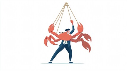 Businessman Puppet Master: Controlling a Giant Red Crab | A Surreal Depiction of Corporate Power and Market Manipulation in the Seafood Industry