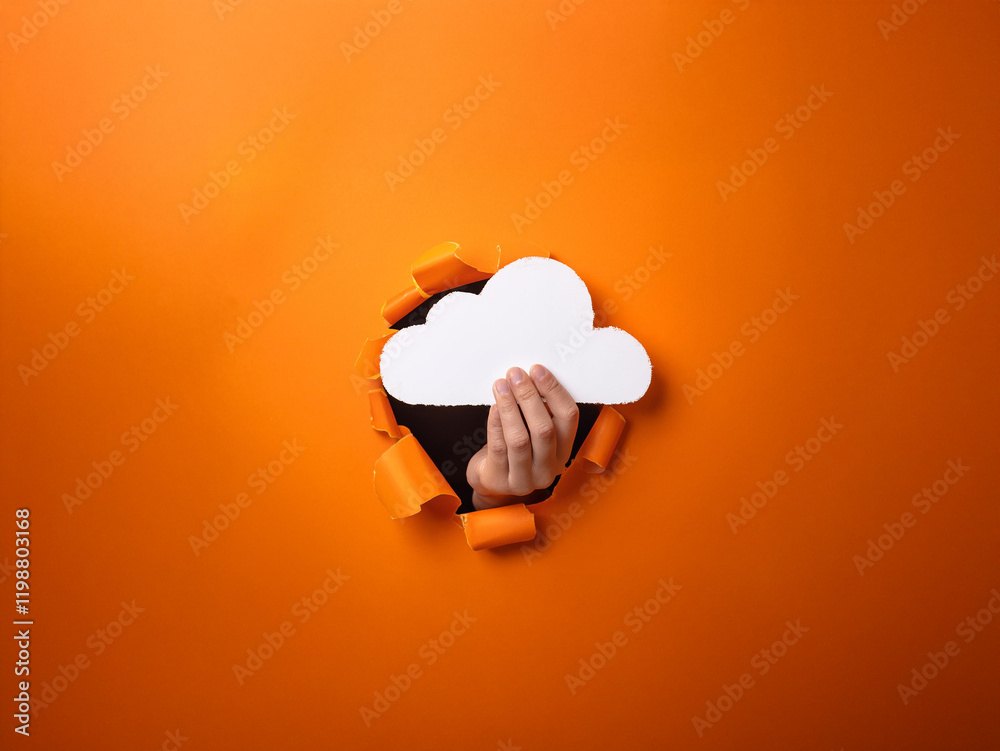 Poster a hand emerges from a torn orange background, holding a white cloud shape. it symbolizes data storag