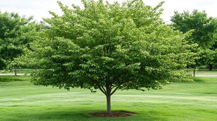 Obraz premium Lush Green Tree in Sunny Park Surrounded by Rich Grass Creates Vibrant Nature Scene : Generative AI