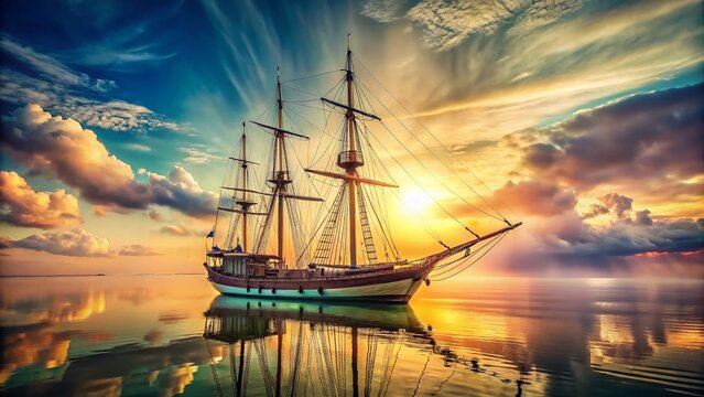Vintage Sailing Ship, Two Mast, Lowered Sails, Ocean, Nautical