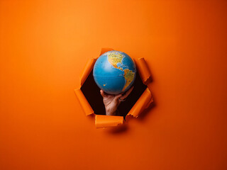 A hand emerges from a torn orange background, holding a small globe.  It symbolizes global awareness and environmental responsibility.