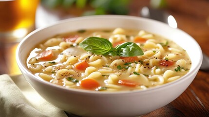Close up photography of pasta soup on a white bowl