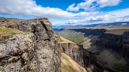 Fototapeta premium Majestic Cliffside View with Expansive Canyon Landscape under Blue Sky : Generative AI