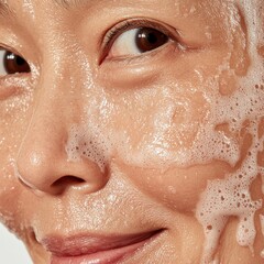 Fototapeta premium A realistic close-up image of an Asian woman in her late thirties, keeping the signs of a young girl. Her face has been washed with cleanser and there is a residue of cleanser foam on her face
