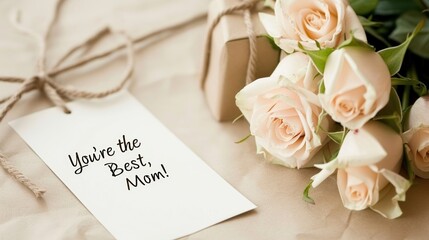 Mother's day card and pale pink roses with a heartfelt message card that says 'You're the Best, Mom!' perfect for Mother's Day or special occasions celebrating mothers.