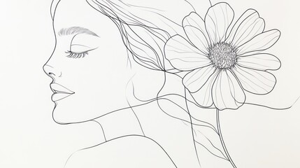 Fototapeta premium Line Art Portrait of a Young Woman with a Flower, Minimalist Drawing Style, Perfect for Modern Decoration or Artistic Projects