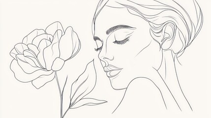 Fototapeta premium Minimalist Line Art of a Woman's Profile with a Flower, Capturing Beauty and Grace in a Contemporary Artistic Style