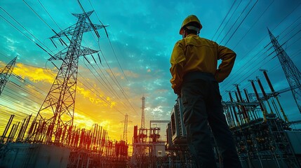 A focused electrician observes machinery as the sunset casts a colorful backdrop, highlighting industriousness.