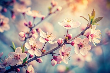 Vintage Style Blooming Plum Tree Flowers Isolated on White Background