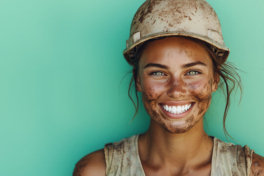 Beautiful female construction worker smiling with a dirty face and helmet against a vibrant green background, showcasing grit and determination in her work environment