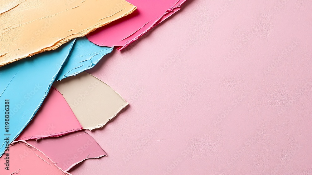 Poster vibrant abstract composition with pastel colored textured paper layers : generative ai