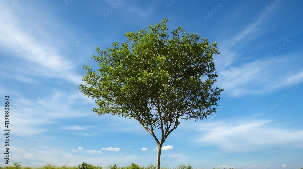 Poster Lonely Green Tree In Summer Field With Wispy Clouds And Blue Sky : Generative AI
