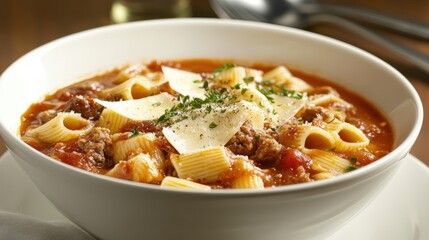 Pasta soup on a white bowl