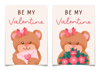 Valentines Day Cards Set with Girls Teddy Bears.