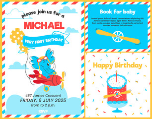 Naklejka premium A set of birthday cards. Invitation, greeting card, and book purchase templates for the kid. Illustration of a cute elephant character flying in an airplane. Templates for a children's party for a boy