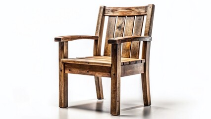 Vintage Style Rustic Wooden Chair, Handcrafted Timber Seat, Isolated on White Background