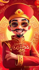 Fototapeta premium Chinese Character in Traditional Chinese Attire with Red Background, Celebrating Festivities and Prosperity, Exuding Cheerfulness and Positive Vibes