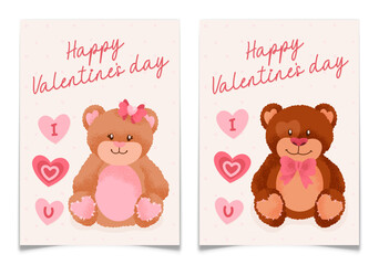 Valentines Day Cards Set with Cute Teddy Bears.