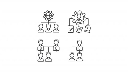 Corporate hierarchy animation set. Organizational structure animated line icons. Employees management. Black illustrations on white background. HD video with alpha channel. Motion graphic