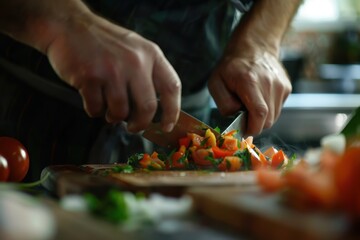 Chef preparing to chop fresh ingredients in a sunlit kitchen