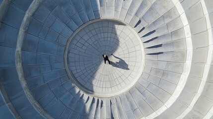 Aerial view of a person standing in the center of a circular stone staircase.
