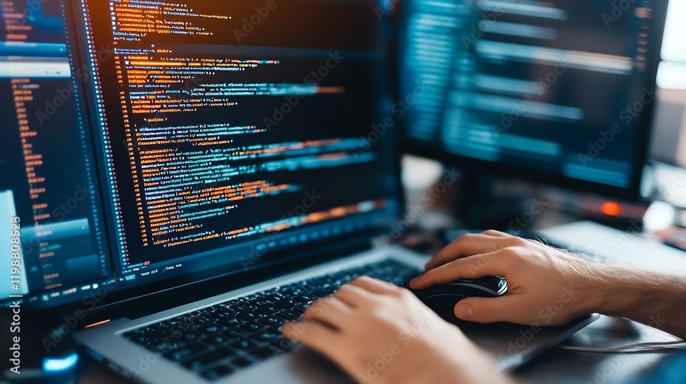 Poster Software Developer Coding on Laptop Amidst Multi-Monitor Workspace : Generative AI