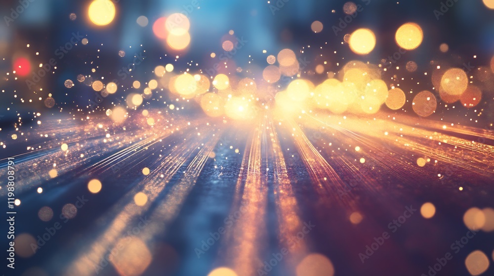 Poster abstract light trails with glittering bokeh on a vibrant nighttime street : generative ai