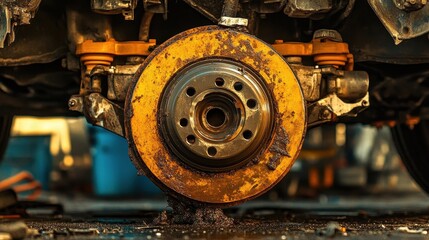 Old Brake Disc with Rust and Mechanical Parts