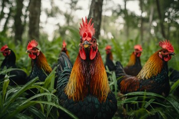 Fototapeta premium A group of chickens are standing in a field of grass