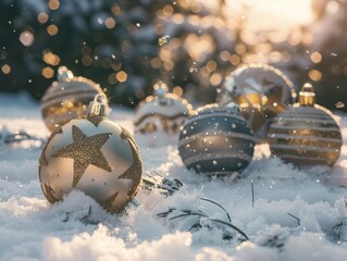Christmas baubles of various sizes with golden patterns on snow