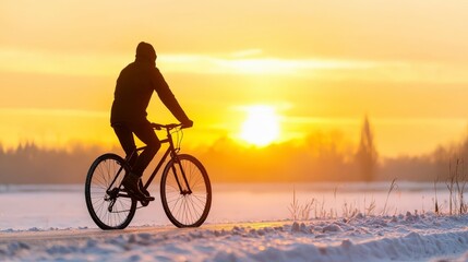 Fototapeta premium Silhouette of Cyclist Riding Bicycle Through Snowy Landscape During Glorious Sunset in Winter Season