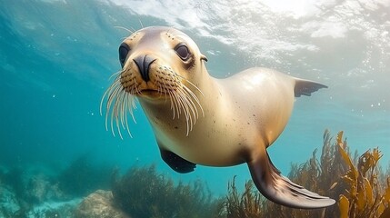 Fototapeta premium Underwater close-up of a curious sea lion swimming among kelp.