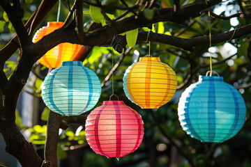 Obraz premium Beautiful holiday composition for happy celebrate chinese festival of lanterns, abstract vivid composition consists of fictional unreal fantastic vision on background